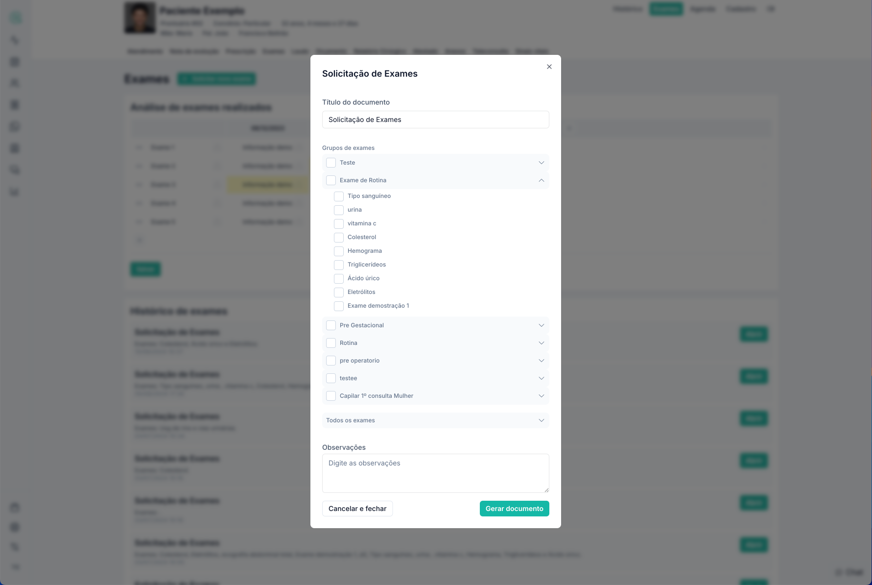 Solicite exames com base em itens ou grupos de testes laboratoriais específicos.